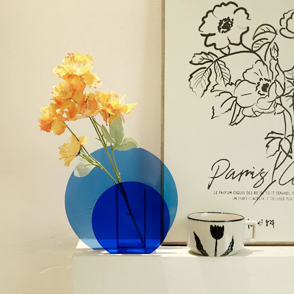 Blomstervas i akryl för modern funkig inredning, unik klar pennhållare, rund dekorativ vas för vardagsrumsbord, kontor, bröllopsblå rund