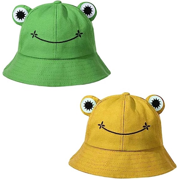 2st Vuxen Groda Bucket Hat Dam Bomull Solhatt Vikbar bomull Fisherman Hat för Barn Kvinnor - (Grön+Gul)