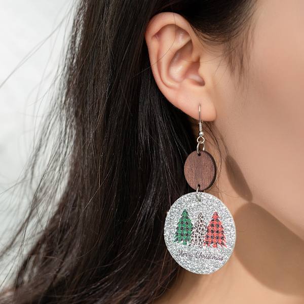 2 par runde juleøredobber i skinn med fint frostet pulver glitter PU juletre treklosser