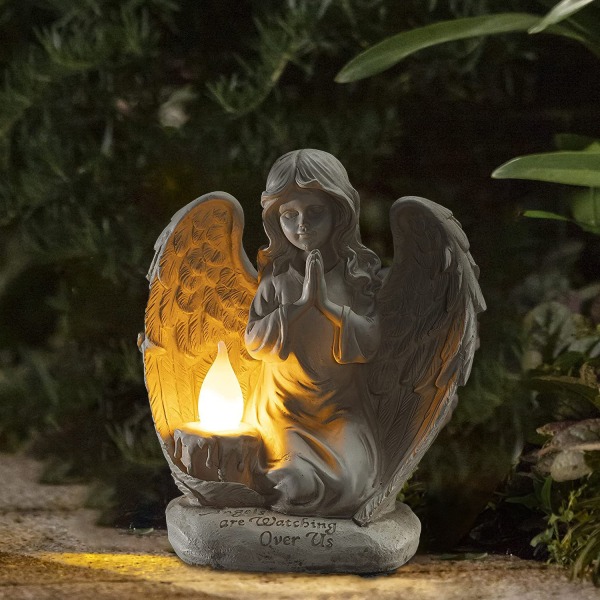 Solar Engel Lys som Sympati Gave, Kirkegårdsdekoration, Mindestatue, Resin Engel Figur Lys til Terrasse Græsplæne Have L19,3 x B14 x H22,9 cm