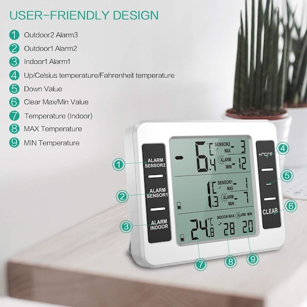 Køleskabsfryser Termometer, Trådløst Køleskabstermometer med 2 Sensorer, Hørbar Alarm, Min/Max, Indendørs/Udendørs Termometer