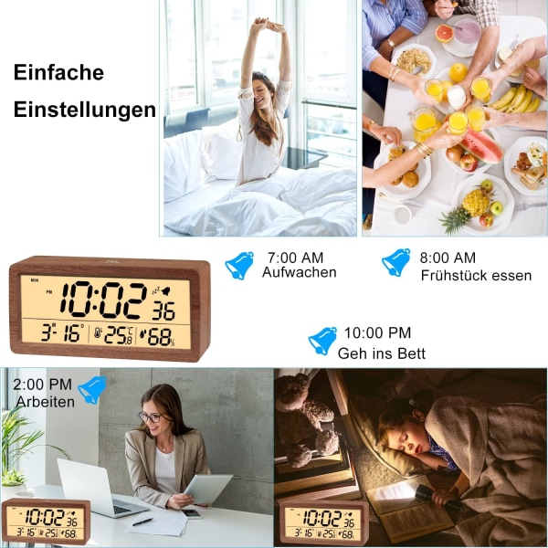 Digital väckarklocka i trä, LED-väckarklocka, icke-tickande digital klocka, med datum-, temperatur- och luftfuktighetsvisning, snooze-funktion, mörkbrun