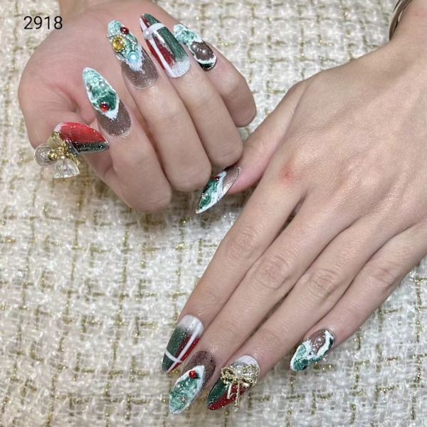 Handgjord jul PRESS PÅ SPIK, julvattendroppformade lösnaglar akrylnaglar Jul lösnaglar tips, juldekoration av nail art