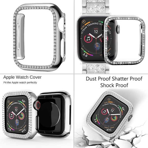 Kompatibel med Apple Watch -band 42 mm med case, metall strassarmband med Bling PC- case för iWatch Series 3/2/1 (silver)