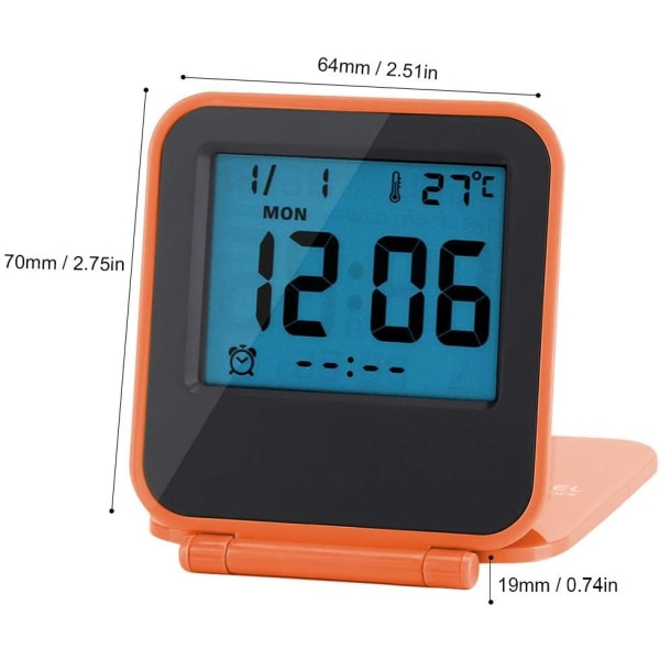 Multifunksjonell Mini Sammenleggbar Digital Vekkerklokke Bærbar LED Morgen Vekkerklokke med Kalender Temperatur Dato Uke Batteri Ikke Inkludert (Oransje)