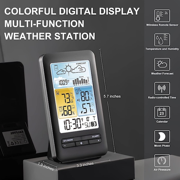 Inomhus- och utomhustermometer för meteorologisk station Trådlös färgdisplay fuktighetsmonitor, vädertermometer med barometer och månfas, U