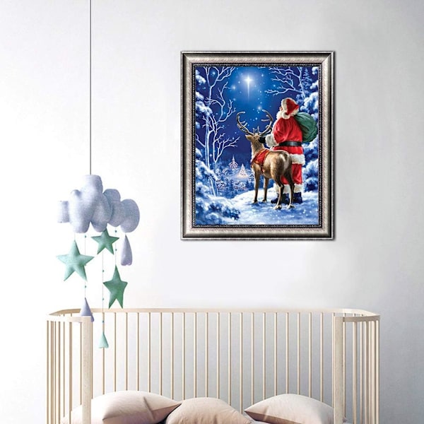 Joulupukki Hirvi DIY 5D Timanttimaalaussetti, Täysi Timantti Pyöreä Kristallikirjonta Ristipistossetti, Kodin Sisustustaide (12X16 tuumaa)