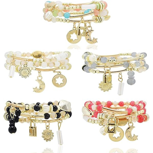 Boho Armbånd til Kvinder Multilayer Stabelbare Glitrende Krystal Perlearmbånd Sæt til Teenagepiger Perlearmbånd Smykkesæt