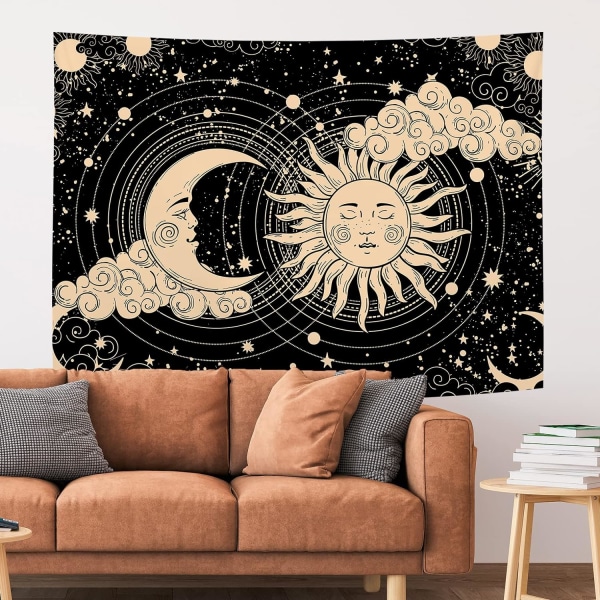 Sol- och måntapet Estetisk Sun Moon Gobeläng Mörksvart andligt gobeläng Väggdekor för sovrum, vardagsrum (39"x59", måne och sol)