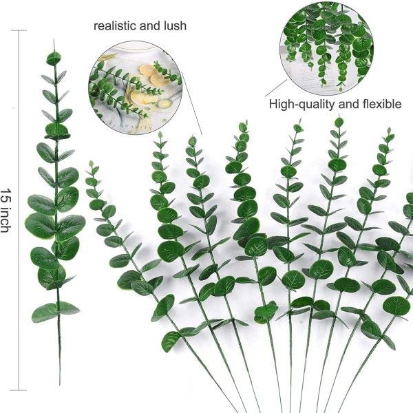 10-pack konstgjorda eukalyptusblad med realistisk touch - konstgjorda blomgrenar för bröllopsbukett, heminredning (grön)