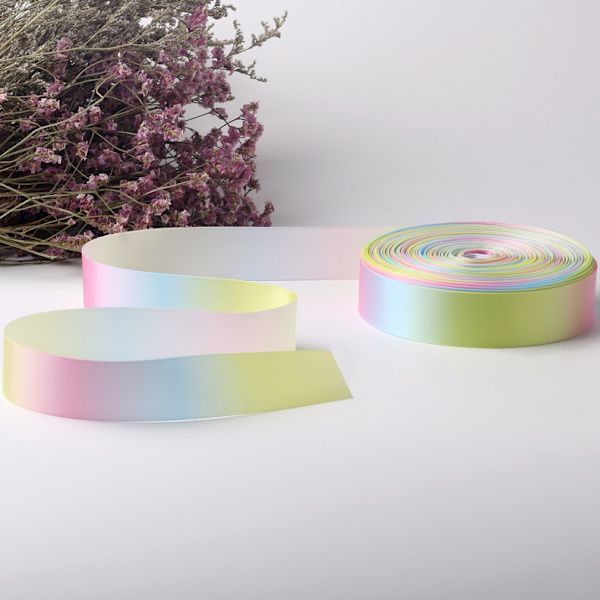 100 yards Rainbow Polyester Utskrift Tejp Utskrift Färgglad Gradvis Färg Förpackning Band Värmeöverföring Utskrift Tråd Snö Garn Silke
