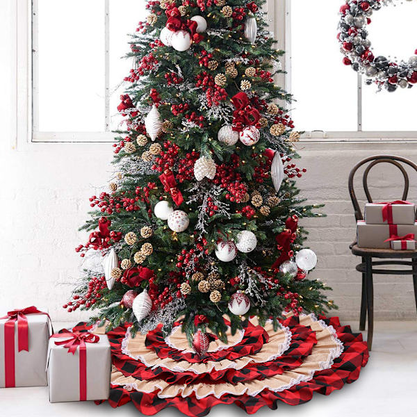 Farmhouse Ruffle Juletre Skjørt 45.7 Tommer, 6-Lags Rødt og Svart Buffalo Plaid Jutesekks Juletre Skjørt for Rustikke Hjem Juleferie Dekorasjoner