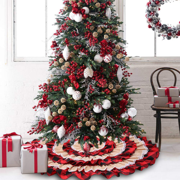 Farmhouse volang julgranskjol 45,7 tum, 6-lagers röd och svart buffelpläd säckväv trädkjol för rustikt hem juldekorationer