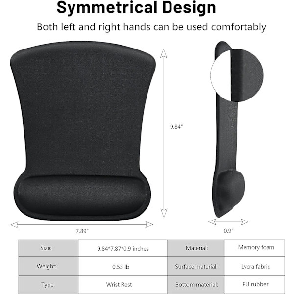 Musmatta med handledsstöd, Memory Foam, Halkfri gummibas, Ergonomisk musmatta med handledsstöd - Smärtlindring, Bekväm datormusmatta för