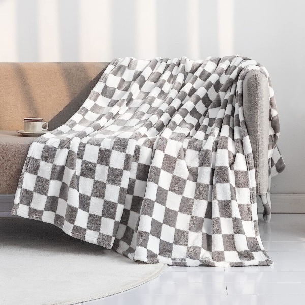Plaid Fleece Tæppe med Skakternet Gittermønster Blødt Plaid Tæppe til Sofa, Seng, Luksuriøst Varmt og Hyggeligt til Alle Årstider (Grå, 1