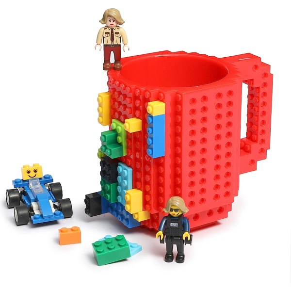 Byggbar kaffemugg i tegel, rolig kopp med kreativa byggstenar för barn, män, kvinnor, födelsedag jul (röd)