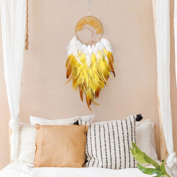 Handgjord Crystal Bohemian Tree of Life Dreamcatcher Feather Dreamcatcher Heminredning för sovrumsbröllop, (Gul)