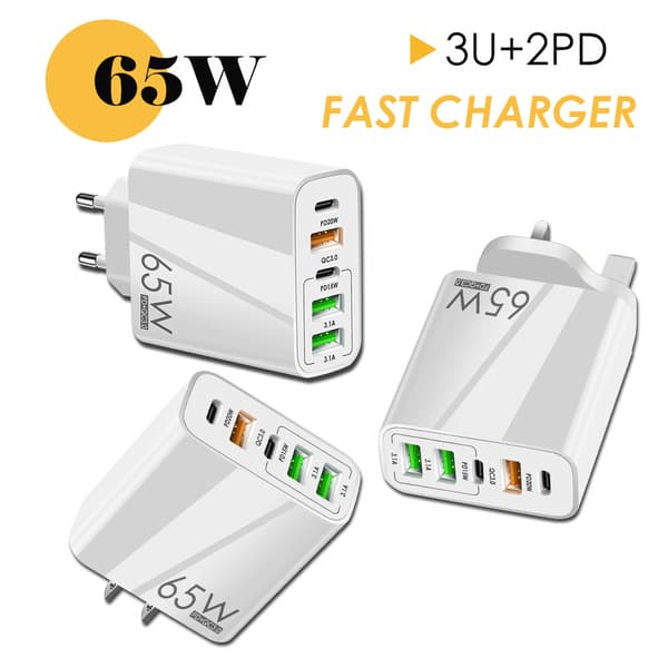 Ny PD65W Snabbladdare för Mobiltelefon 5V4A US Version PD+3USB Multi-Port Adapter (1-pack, Vit)