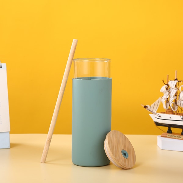 Glas tumlare glas vattenflaska halm silikon skyddshylsa bambu lock - BPA fri (blå)