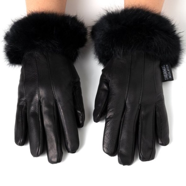 Elegante damehansker i ekte skinn med termisk fôr og fuskepelskant (S)