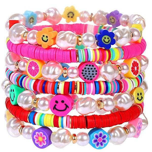 7 stk. Surferarmbåndsett Fargerike Preppy Happy Smile Onde Øye Perlearmbånd Elastiske Leire Stablebare Boho Disc Armbånd Kidcore Estetisk Sommer Be