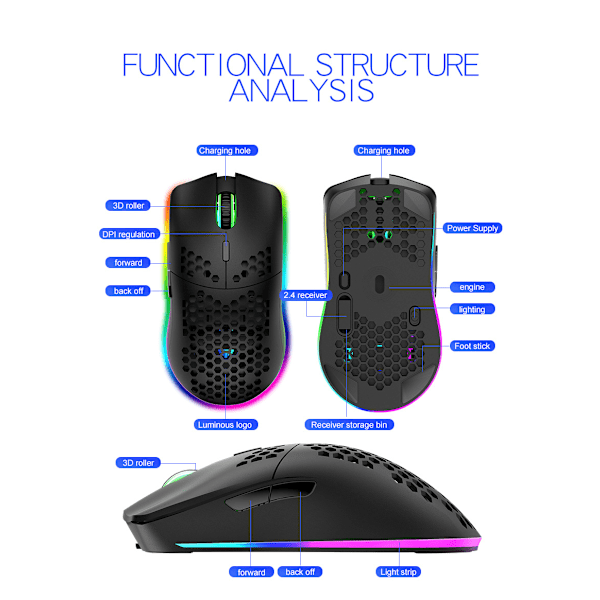 Ultralätt RGB-spelmus | Honeycomb Shell | 65 gram | max 12000 cpi | USB trådbunden | 6 programmerbara knappar | Minne ombord | Anti Slip Gri