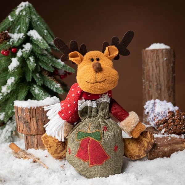 Bitar Jul 3D Doll Dekoration Presentpåse med dragsko Återanvändbara julgodispåsar Tomte, Älg, Snögubbe, Tomtebroderityg Julförvaring