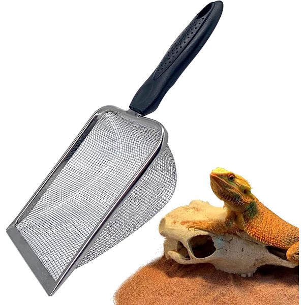 Reptilsandsubstrat i rostfritt stål Skopa Spade Sifter Mesh metall Reptilsandrengöringsmedel Scooper för sandsängar
