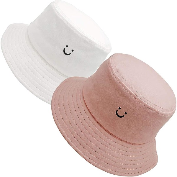 Bucket Hats Sommarresor Strandsolhatt Cap Unisex 2pack（Vit/Rosa）