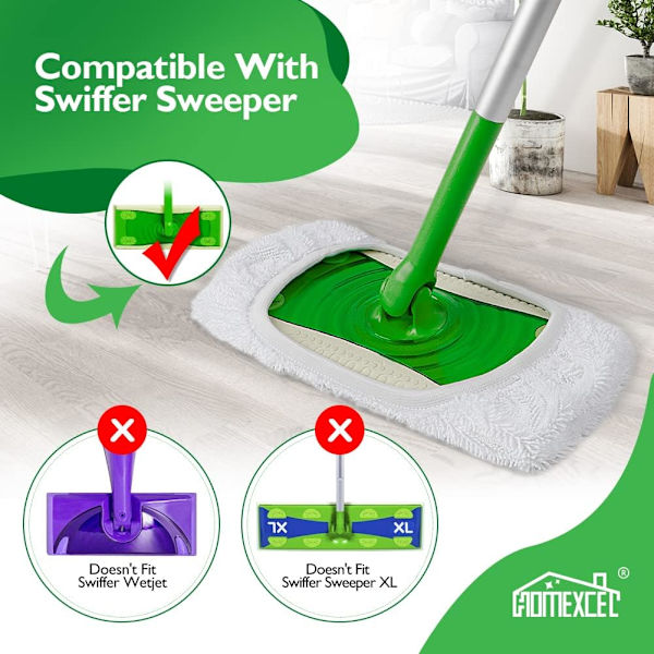 Uudelleenkäytettävät mikrokuitumoppityynyt, jotka ovat yhteensopivia Swiffer Sweeperin kanssa - pestävät täyttötyynyt märkä- ja kuivakäyttöön, täyttötyynyt kotitalouksien puhdistukseen 2 Pack