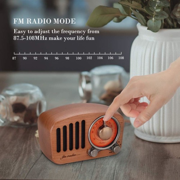 Mahogny Wood FM-radio med Bluetooth 4.2-högtalare FM-radio retrodesign 3,5 mm ljudjack TF-kort Stereoljud 5W