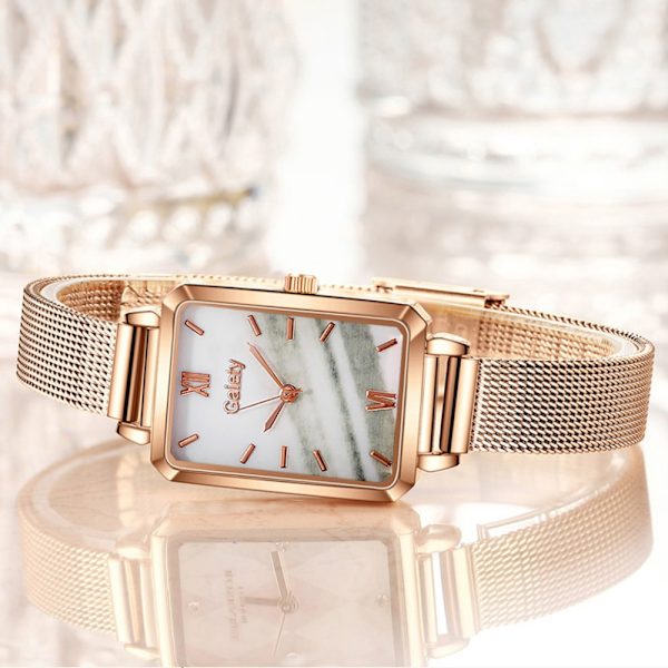 2-delad watch i legering mesh bälte liten vit watch kvartsklocka med fyrkantigt huvud watch
