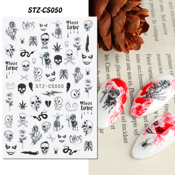 9 Halloween Nail Art Stickers, Skull Nail Art Dekaler 3D Self Adh