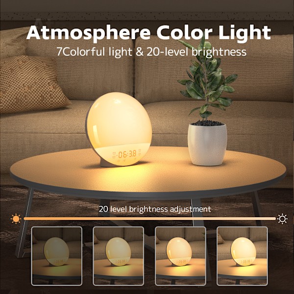 Sunrise Light Alarm Clock for Kids, Heavy Sleepers, Sovrum, med Sunrise Simulation, Sleep Aid, Dubbla Alarm, FM Radio, Snooze, Night Light, Daylight,