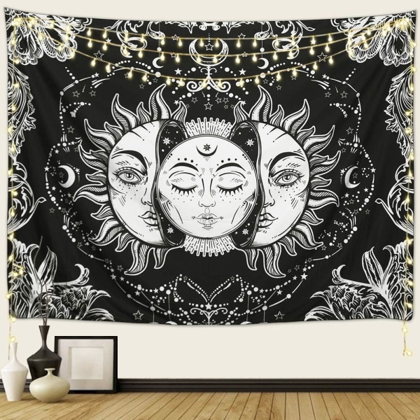 Sol- och månetapet, sol med stjärnor Psykedelisk Populär mystisk väggtapet för sovrum Estetisk svartvit strandfilt (Medium-59 x 51 i