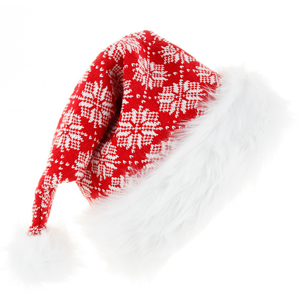 Rød Julehue Snefnug Lang Plys Hue Strikket Uld Julehue