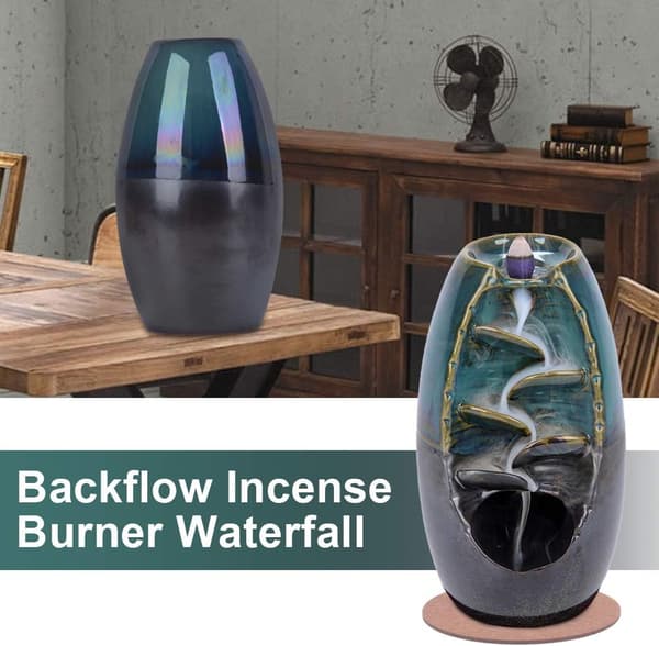 Backflow Røgelsesholder Vandfald Røgelsesbrænder, Keramisk Aromaterapi Ornament med 20 Backflow Røgelseskegler + 30 Røgelsespinde, Blå