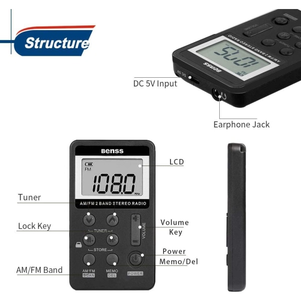 Mini Kannettava Radio AM FM Taskuradio 2-kaistainen Stereoradio Mini DSP Digitaalinen Viritin Vastaanotin LCD-näytöllä Ladattava Akku ja Kuulokkeet (Musta)