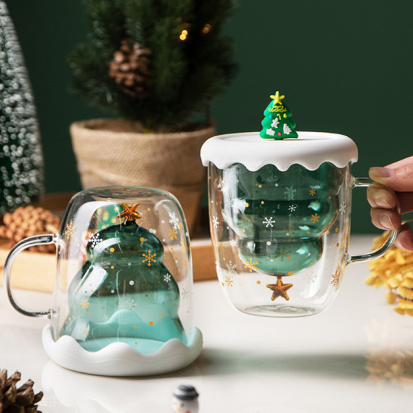 Julgransformad dubbelglas hushållsisolerad mjölk frukostkopp kaffekopp med handtag Xingyuan kopp