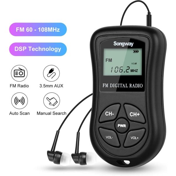 Pocket FM Radio Mini LCD Stereo DSP Radio med hörlurar 60-108MHz för föreläsning, repetition, tentamen, sport, reseguide (svart)