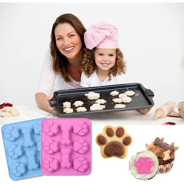 Silikone Hvalpeforme, Hunde Pote- og Knogleforme, Isterningeform, Gelé, Småkager, Chokolade, Slikforme, Mikrobølgeovn, Fryser, Opvaskemaskine Sikker, Pink og B