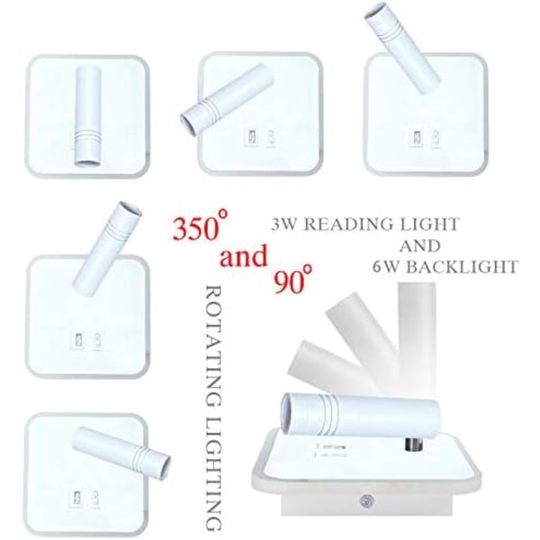 9W LED-vägglampa, läslampa vid sängkanten med USB laddningsport, (6W 3000K varmvit) + (3W 6500K vit) fyrkantig
