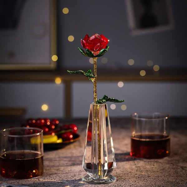 Kristallrosa glas Röd rosblomma med gröna löv Kristallvas för bröllopsdag/fru, romantiska eviga presenter till hennes alla hjärtans dag/födelsedag