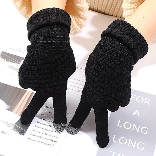 2 par vinter touch screen handsker til kvinder varme strikhandsker fleeceforet elastisk manchet vinter teksting handsker (sort+beige)