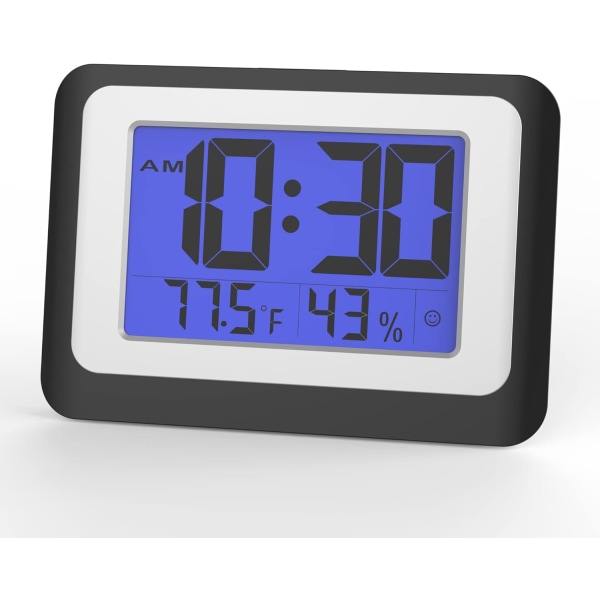 Digital väckarklocka, elektronisk väggklocka med hygrometer, inomhustermometer, bakgrundsbelysning, timmes ringsignal, snooze, 12/24 timmar, kompakt klocka för sovrum