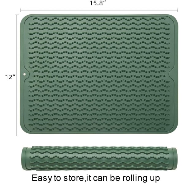 Diskmatta för köksbänk, stor miljövänlig torkmatta i silikon, lätt att rengöra värmebeständig diskmatta, 12 tum x 15,8 tum, grön