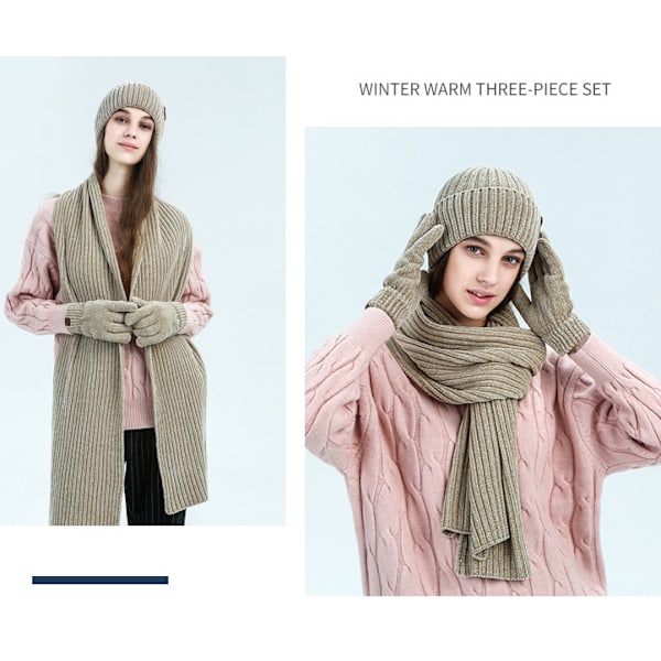 Varma scarfhatthandskar Tredelad set av solid ribbad stickad ullmössa filtscarf (beige)