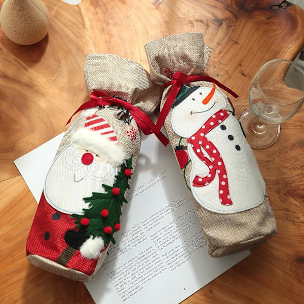 Julevinpose, Jute Vinflaske Gavepose med Snøring, Gjenbrukbare Vinflaske Trekk til Jul, Bryllup, Bursdag, Festdekor (2 stk)