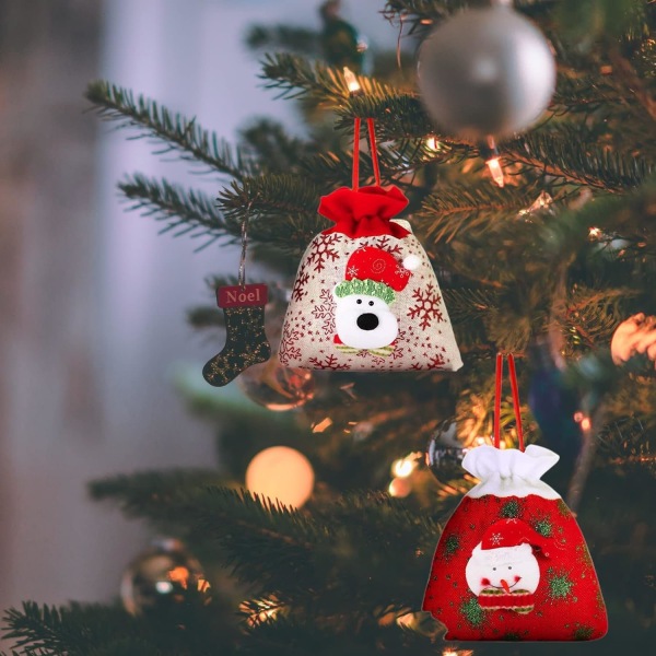 Julesekk 3D Design Stoffpose med Snøring, Julegavepose med Snøring Julegodtepose, Godtepose Julelinsekk Jute