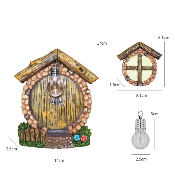 Fevindu og dør, lysende fe-trevindu, miniatyr fe-tredekorasjon, vindusgård, barnas hageskulptur, vegg, utendørs, hage, plen